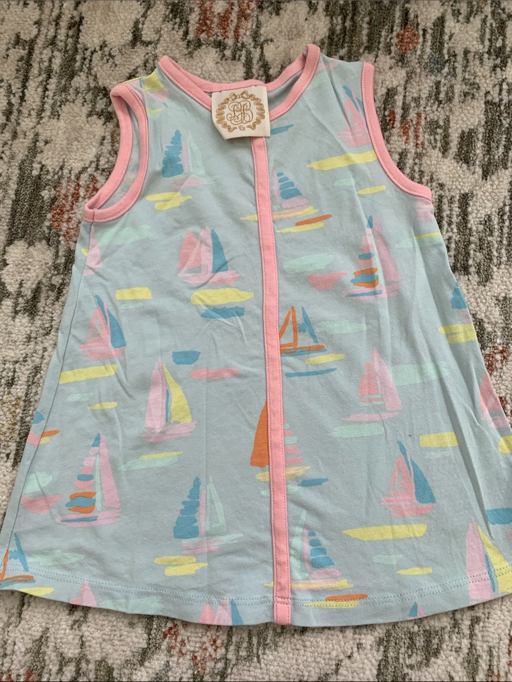 Light Blue Sailboat Sleeveless Baby Dress with Pink Trim
